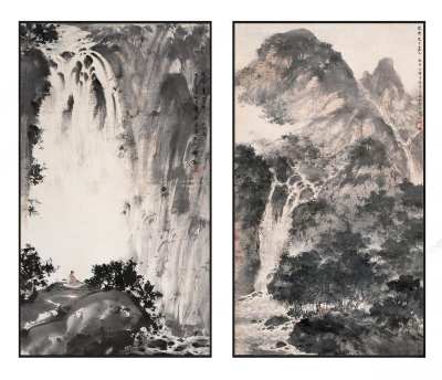 中式高级灰禅意水墨山水挂画组合3D模型下载